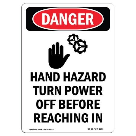 OSHA Danger Sign, Hand Hazard Turn Power, 5in X 3.5in Decal